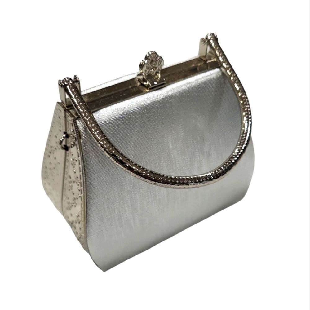 Vintage EUC rhinestone silver metallic metal & canvas evening clutch